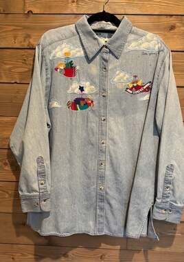 Vintage Quacker Factory Denim Button Up Embroidered Flying Angels 1X